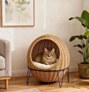 Elevated Rattan Wicker Cat Bed With Three Metal Legs - Luxury Ball-Shaped Cat Cave Basket House Includes Plush Cushion