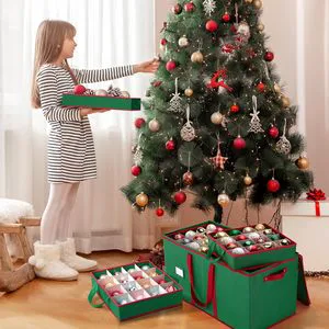 Christmas Ornament Storage Box Rectangular 128 Capacity 600D Oxford Fabric Adjustable Dividers 8 Removable Trays Zippered