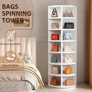 Modern White 360 Degree Rotating Spinning Tote Bag Display Tower Revolving Carousel Shoe Rack for Storage in Living Room