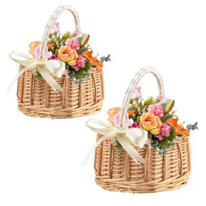Handmade Wicker Flower Basket With Handle Natural Rattan Decorative Basket for Gift or Wedding Arrangements