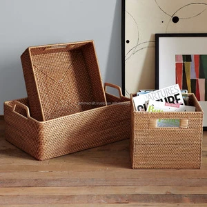 Woven Round Rattan Wicker Food-Safe Eco-Friendly Folding Storage Basket with Cut-out Handles