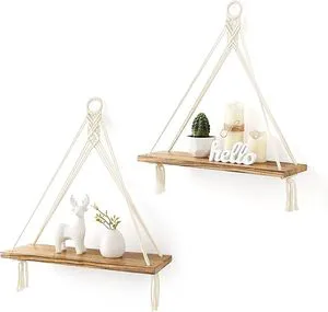 Single Tier Cotton Macrame Boho Wall Hanging Shelf Handmade Woven Rope Plant Display Storage Rack Flexible Wardrobe Bedroom