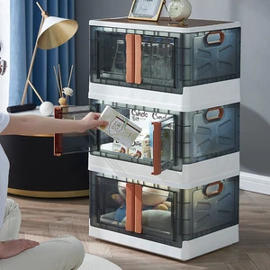 Large Capacity Foldable Storage Bin Double Door Single Tier Stacking Folding Storage Box Wheels Home Storage Cabinet Plastic