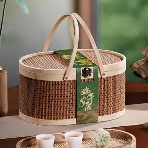 Mid Autumn Festival New Chinese Style Bamboo Woven Oval Hand-Held Gift Basket For Southeast Asian Supermarket Distributor