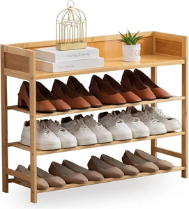 Bamboo Shoe Rack 31.5L X10.6W X 24.8H Holds 12-20 Pairs Sturdy 100% Bamboo Frame Easy Storage