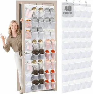 Door Shoe Organizer 40 Large Mesh Pockets Non-Woven Fabric Large Capacity Hanging Shoe Rack Grey Door Storage Dorm Closet Bag