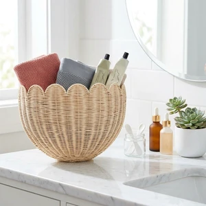 Scalloped Modern Wicker Rattan Wall Baskets Hand Woven Hanging Set Bathroom Storage Decor Living Room Kitchen