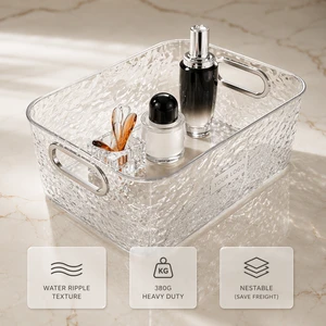 Water Ripple PET Storage Bin Stackable Clear Pantry Organizer with Handles for Skincare Snacks Fridge Wholesale OEM