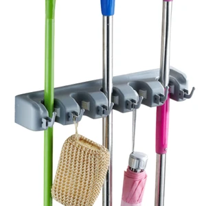 Modern Multifunction Wall Mount Caster Folding Plastic Mop Broom Holder Single Tier Cleaning Tool Organizer Rack Hooks Kitchen