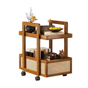 OEM Vintage 2-Tier Bamboo Serving Cart With Rattan Weaving Mobile Kitchen Livingroom Storage Trolley On Wheels Elegant Bar Cart