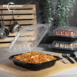 Biopartner Plastic PP 8x8 9x9 Black And Clear Hinged Container Clamshell Take Out Food Containers To Go Meal Prep Box Restaurant