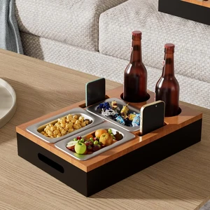 Modern Bamboo Sofa Armrest Organizer Multifunctional Living Room Cup Holder Tray Snack Container 2 Cups Remote Storage Slots