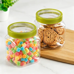 Wholesale Clear PET Plastic Food Storage Jar with Leakproof Green Lid, Stackable Kitchen Organizer Container