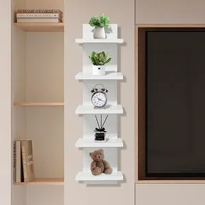 5-Tier Wall Mounted Floating Storage Organizer 30 Inch H Natural Bamboo Finish Decorative Vertical Shelf Column Beautiful