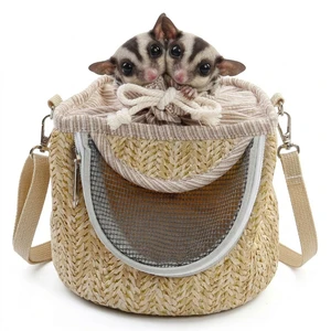 Straw Woven Crossbody Carrier With Belt Closure For Sugar Glider Squirrel Fancy Rat-Natural Barrel Bag Mesh Window 5.1in 3.2oz