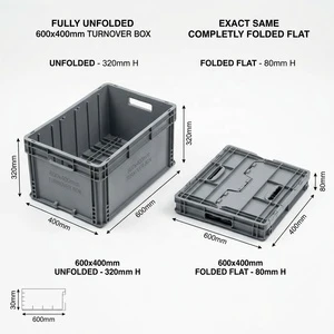 Huidu Heavy Duty Foldable Plastic Turnover Box 600x400x340mm | Eco-Friendly Durable Industrial Folding Container | Stackable