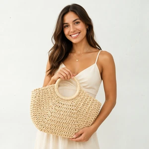 Popular Hand Woven Lady Semicircle Straw Tote Bag Women Rattan Ring Handle Beach Handbag With Lining Large Capacity