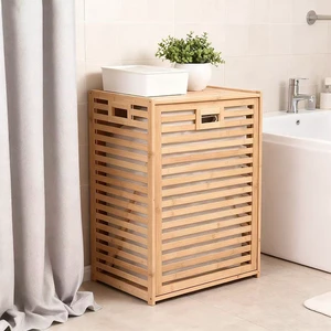 Bamboo Tilt-Out Laundry Cabinet With Storage Top Hidden Clothes Hamper Basket Removable Fabric Bag for Bathroom Decor