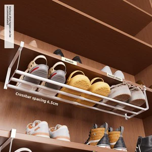2-Tier Carbon Steel Retractable Minimalist Modern Hook-Type Layered Shoe Rack with Hanging Basket Storage for Kitchen & Bedroom