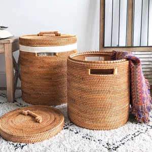 Handwoven Rattan Laundry Hamper with Lid & Liner Large Wicker Basket for Clothes Blankets Towels Storage Basket for Home Hotel