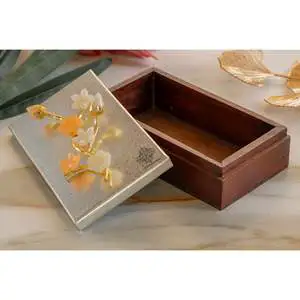 Indian Art Villa 20 cm Wooden Decorative Box with Silver-Plated Leaf Flower Design Jewelry Organizer or Multi-Purpose Storage