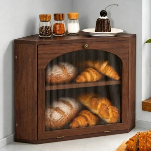 Retro Wooden Corner Bread Box 2 Tier Adjustable Shelf Magnetic Acrylic Door Bread Storage Countertop Bread Bin Kitchen Organizer