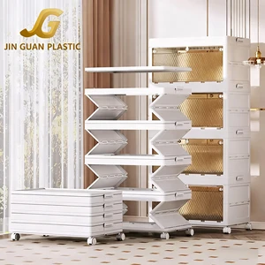JIN GUAN No-Assembly Space-Saving 3 Tiers Foldable Organizer Portable Closet Large Plastic Storage Containers Bins with Door