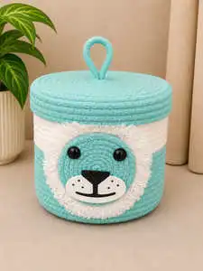 Lion Motif Blue Woven Cotton Rope Basket with Lid Safari Nursery Toy Storage Fringe Mane Baby Hamper Boutique Artistry By PR