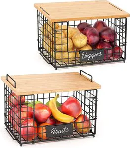 Kitchen 2 Pack Stackable Wire Baskets With Bamboo Lid Cutting Board Pantry Organizer
