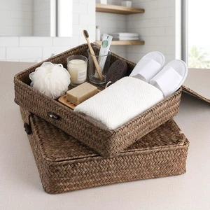 CF Wholesale 2 Piece Handwoven Rustic Seagrass Storage Baskets Lidded Rectangular Decorative Bathroom Woven Organizer Bin Set