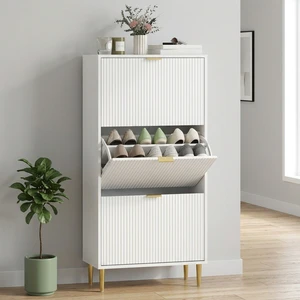 Cedar Space Entryway Shoe Cabinet With 3 Compartments Ribbed Panel Doors Hidden Storage for Mudroom Home