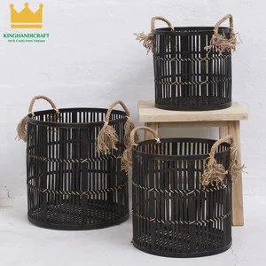Elegant Black Rattan Storage Basket with Rope Handles Handmade Vietnam Kinghandicraft Vietnam Model Rattan Basket for Wholesale
