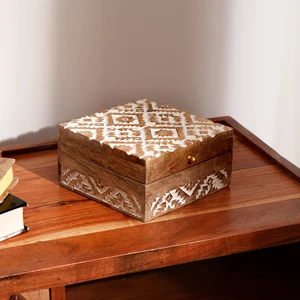 White Carved Wood Decorative Storage Box