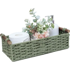 Modern Minimalism Green Paper Rope Storage Basket Wicker Basket Rectangular Wicker Tray With Handle