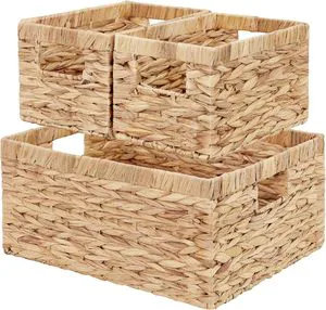 3-piece Natural Water Hyacinth Storage Basket Decorative Basket with Handle Multi-functional Toy Sundries Storage Basket