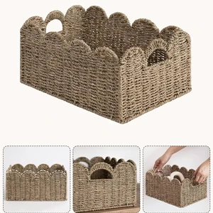 YULIN JIAFU Scalloped Edge Wicker Basket, Hand-woven Rattan Baskets with Built-in Handles, Seagrass Basket for Organizing
