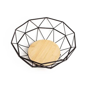 Nordic Simple Wrought Iron Ten-Sided Hollowed Bamboo Wood Fruit Basket Tray Desktop Storage