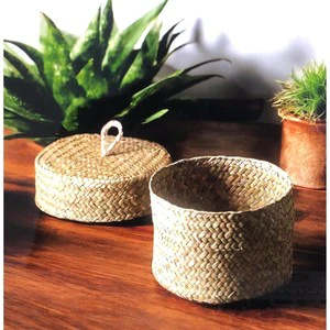 Decorative Woven Storage Basket With Lid Bedroom Wicker Wicker Storage Box Bathroom Storage Basket Handmade Sea Grass Organizer