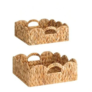 Water Hyacinth Storage Basket Set of 3 Hand-woven Rectangular Scalloped Edge Organizer with Arched Handles for Home Decor