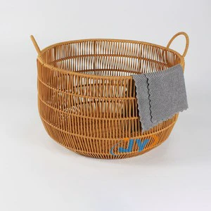 Round PP Plastic Rattan Woven Storage Basket Faux Wicker Laundry Hamper With Handles For Bathroom Bedroom Home Organizer