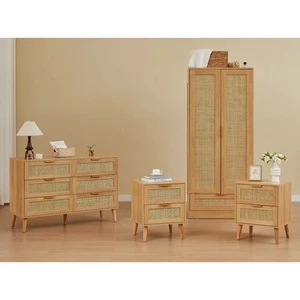 Wholesale Boho Style Rattan Bedroom Set Wooden Rattan Wardrobe Nightstand Dresser Furniture For Apartment Hotel Home Project