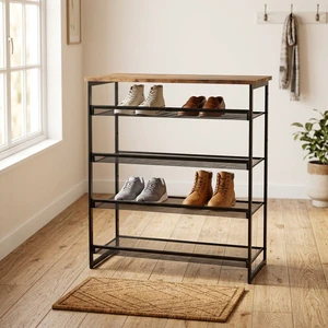 Industrial 4-Tier Shoe Rack with Wooden Top Adjustable Metal Mesh Shelf Durable Iron Storage Organizer for Entryway Living Room
