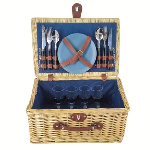 Vintage 4-Person Rattan Willow Hand Basket Custom Wicker Picnic Hamper for Outdoor Camping Natural Style