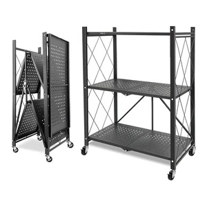 Multifunctional Metal Home Display Stackable Free Standing Kitchen Rack Storage Organizer Foldable Shelf Rack With Wheels