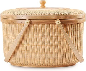 Rattan Baskets With Lid and Wood Handles Cane-on-cane Rattan Storage Basket Picnic Basket Outdoor Wicker Basket