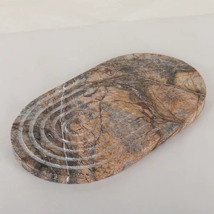 Natural Veined Marble Oval Tray Grooved Texture Stone Decor Plate Multifunctional Tabletop Storage Tray Home Hotel Yulin Coffee