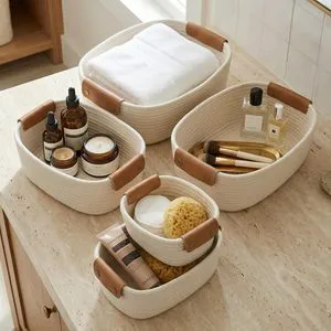 CF 5 Piece Nestable Rectangular Cotton Rope Storage Basket Set PU Leather Handles Woven Organizer Bins For Nursery Bathroom