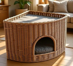 Handwoven Wicker Rattan Corner Cat House Bed Cave Removable Soft Cushion Pad Solid Fashion Indoor Natural Eco-Friendly Basket