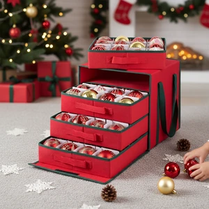 4-Drawer Style Christmas Ornament Storage Container 600D Oxford Fabric Side Opening Design Adjustable Dividers Store 64pcs 3''
