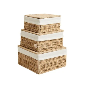 Set of 3 Double Tier Stainless Steel Straw Paper Rope Storage Baskets with Lids for Bathroom Clothing Eco-Friendly Home Decor
